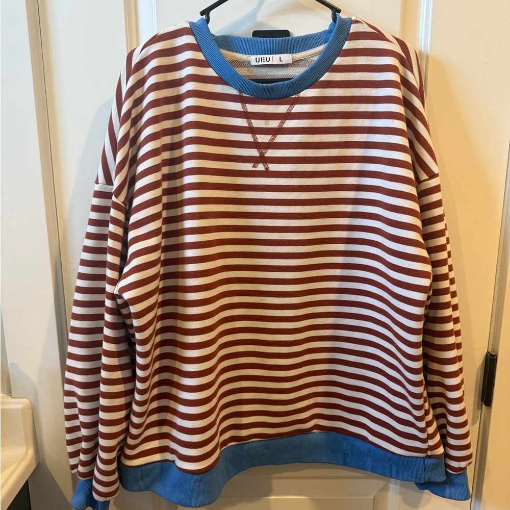 UE Striped Crewneck Sweater in Rust, White & Blue Trim